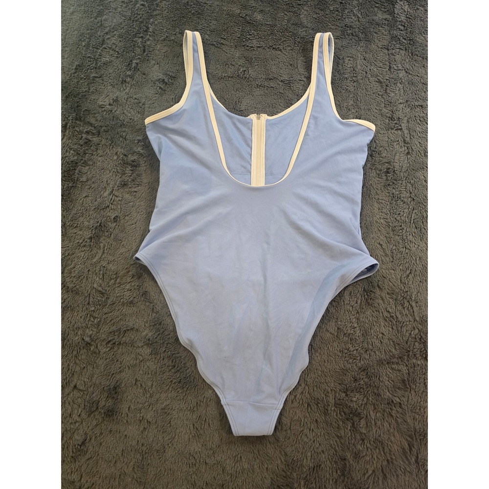 Light Blue One Piece Swimsuit White Trim Front Zip High Cut Leg Sporty ScoopNeck